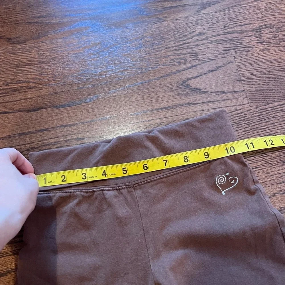 ⭐Y2K Girls Capri Wide Leg Yoga Pants Brown Fold Over Waist Glitter Heart Size S